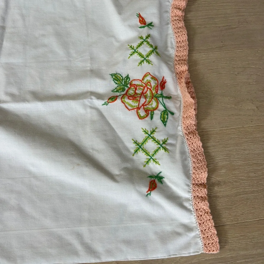 (3) Vintage Hand Embroidered Pillowcase Set Bird Floral Rose Crochet Trim White